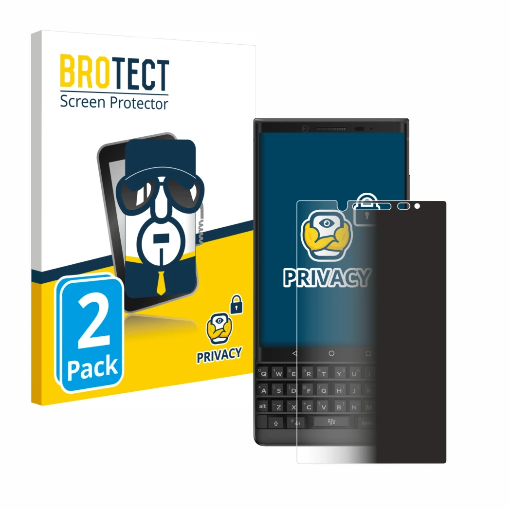 Face avant d’un emballage produit avec le logo de la marque BROTECT. À côté, l’appareil BlackBerry Key2 est représenté avec la