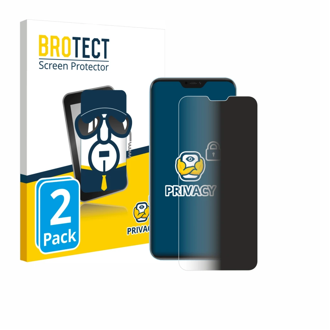 Face avant d’un emballage produit avec le logo de la marque BROTECT. À côté, l’appareil Xiaomi Redmi 6 Pro est représenté avec