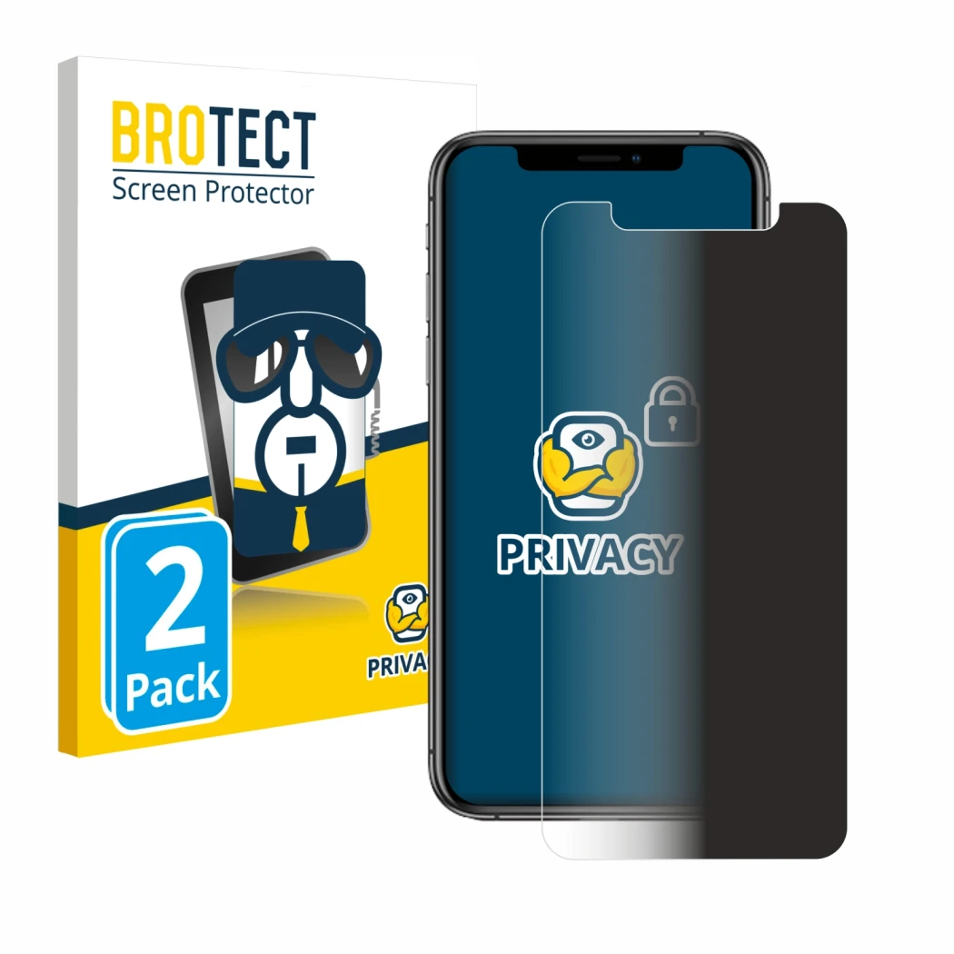 Face avant d’un emballage produit avec le logo de la marque BROTECT. À côté, l’appareil Apple iPhone Xs est représenté avec la
