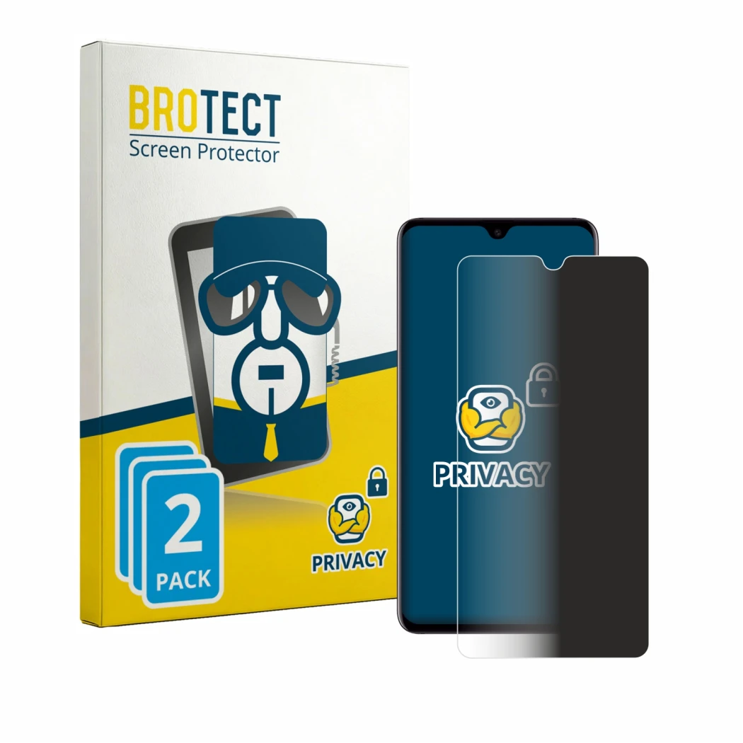 Face avant d’un emballage produit avec le logo de la marque BROTECT. À côté, l’appareil Huawei Mate 20 est représenté avec la 