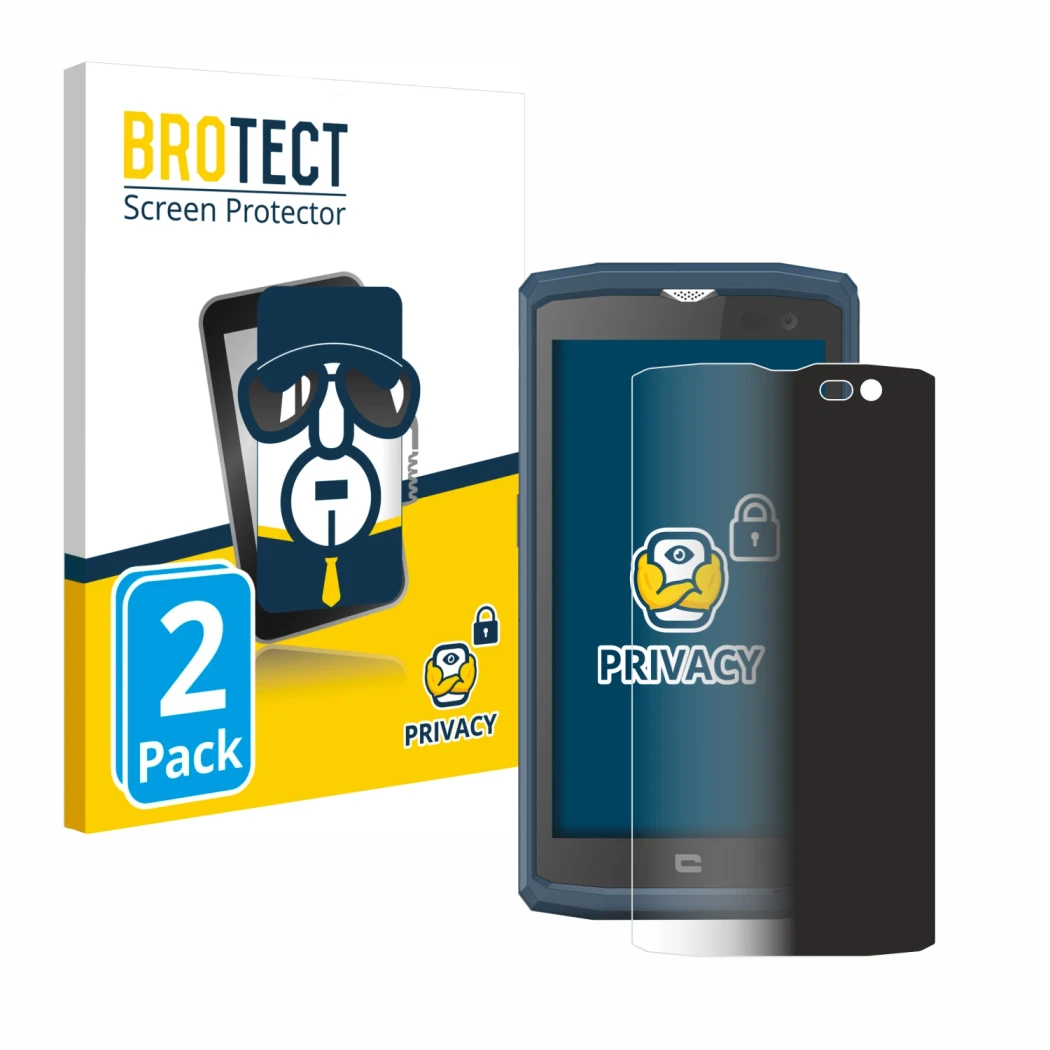 Face avant d’un emballage produit avec le logo de la marque BROTECT. À côté, l’appareil Crosscall Core X3 est représenté avec 