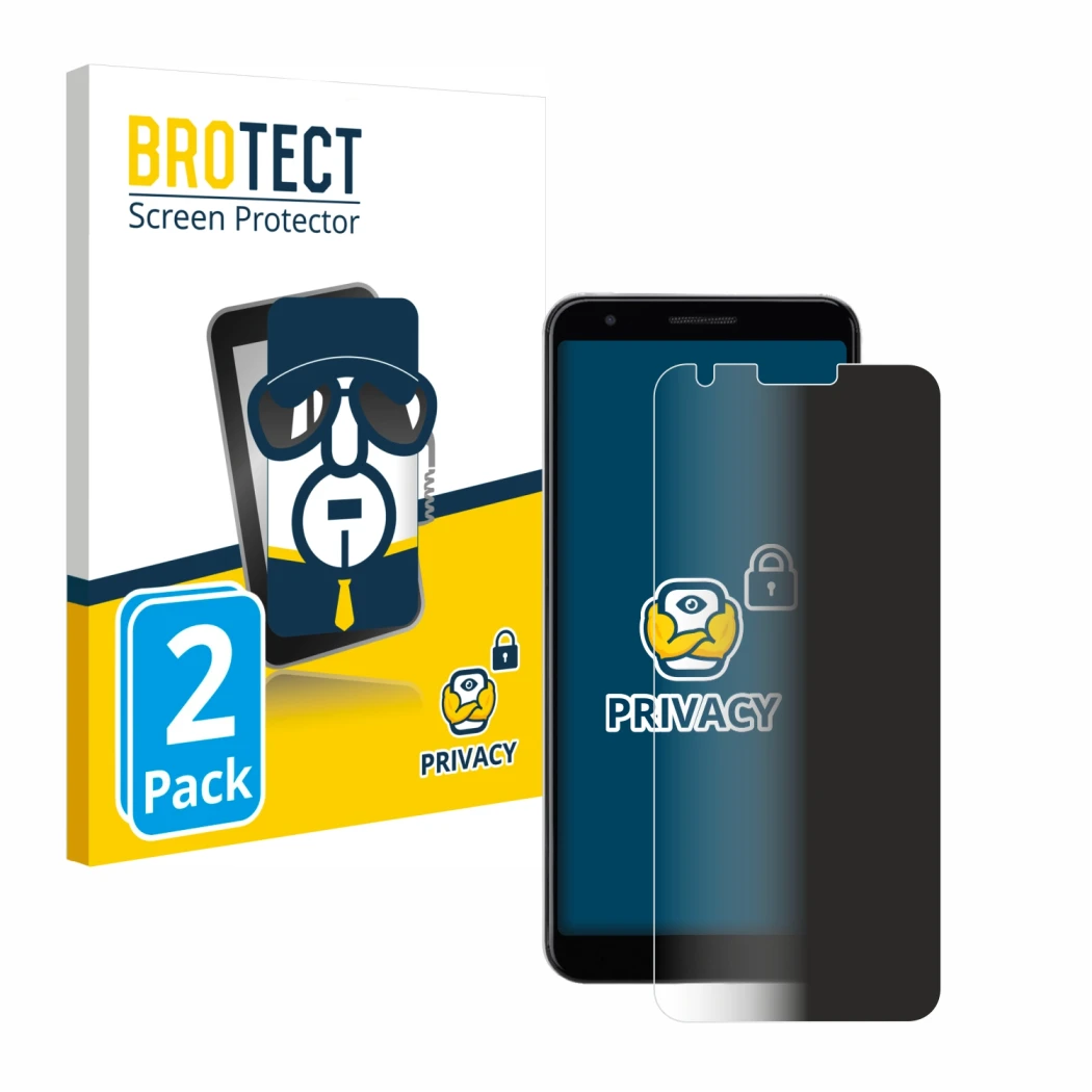 Face avant d’un emballage produit avec le logo de la marque BROTECT. À côté, l’appareil Google Pixel 3a est représenté avec la