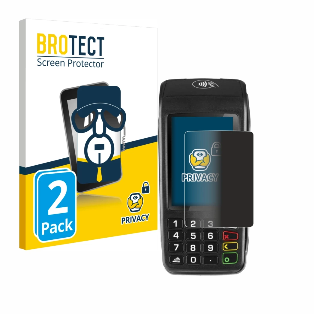 Face avant d’un emballage produit avec le logo de la marque BROTECT. À côté, l’appareil ingenico Move/5000 est représenté avec