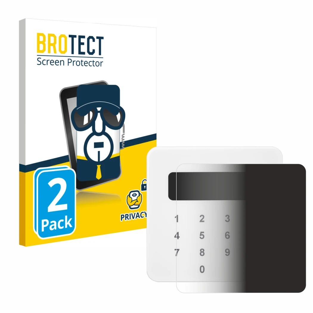 Face avant d’un emballage produit avec le logo de la marque BROTECT. À côté, l’appareil SumUp Air est représenté avec la prote