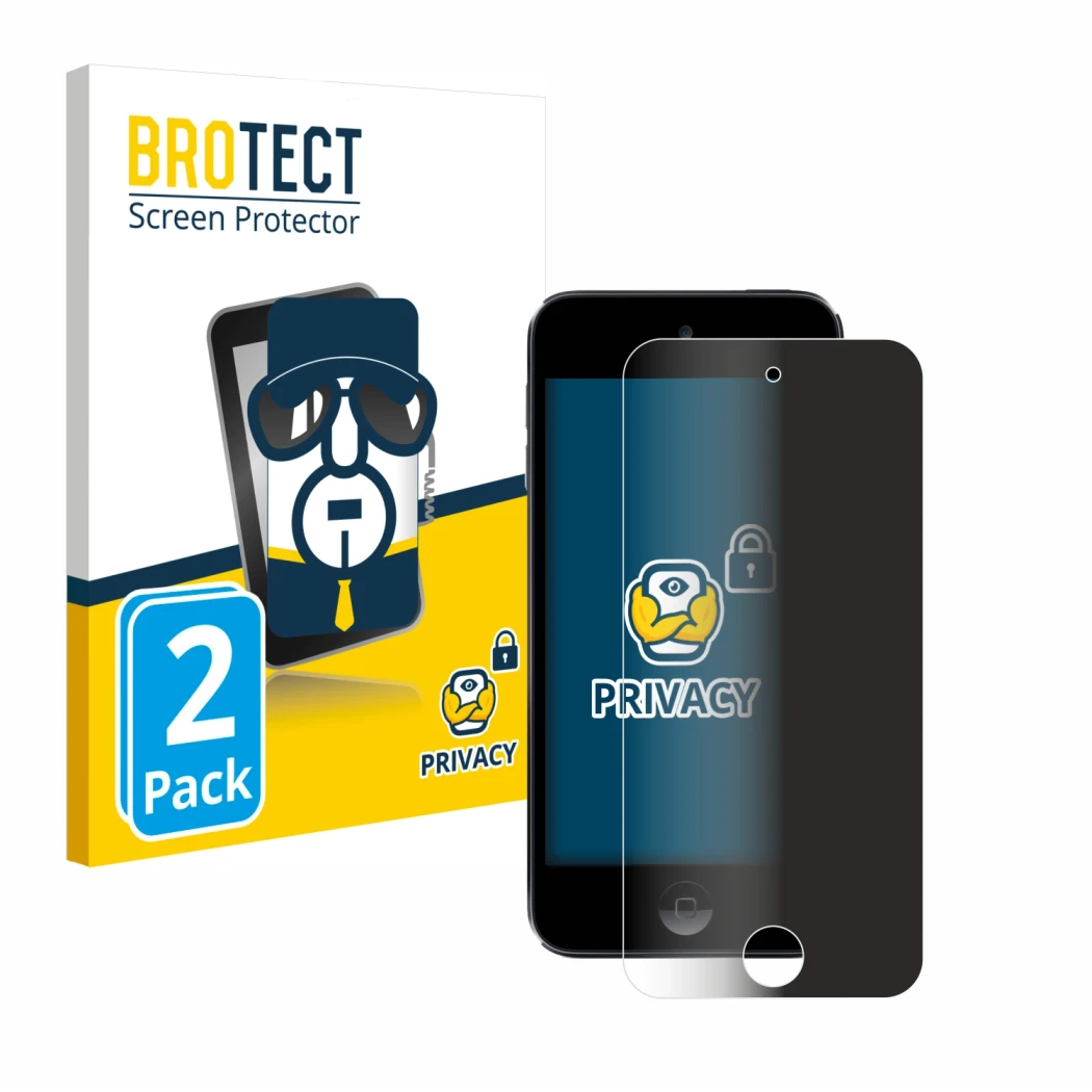 Face avant d’un emballage produit avec le logo de la marque BROTECT. À côté, l’appareil Apple iPod Touch (7ème Gen.) est repré