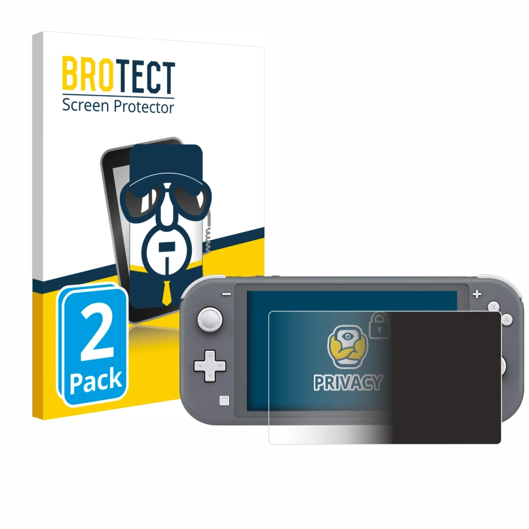Face avant d’un emballage produit avec le logo de la marque BROTECT. À côté, l’appareil Nintendo Switch Lite est représenté av