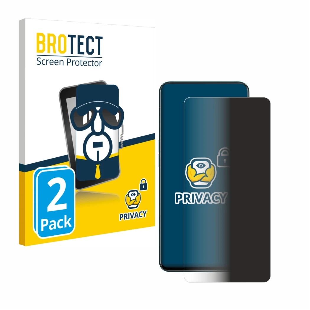 Face avant d’un emballage produit avec le logo de la marque BROTECT. À côté, l’appareil Oppo Reno 2 est représenté avec la pro