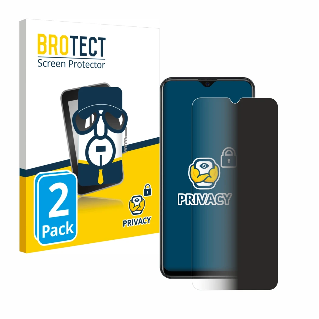 Face avant d’un emballage produit avec le logo de la marque BROTECT. À côté, l’appareil Xiaomi Redmi Note 8T est représenté av