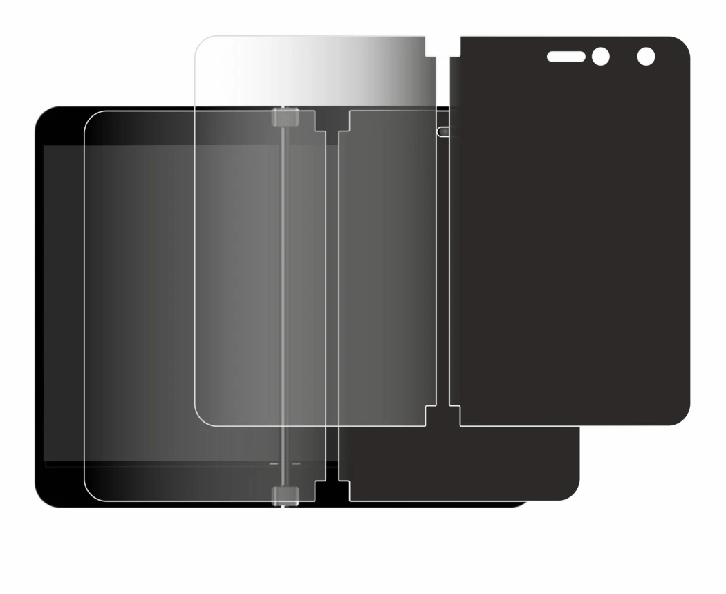 Image de l'appareil Microsoft Surface Duo avec une grande variété de protections d'écran.