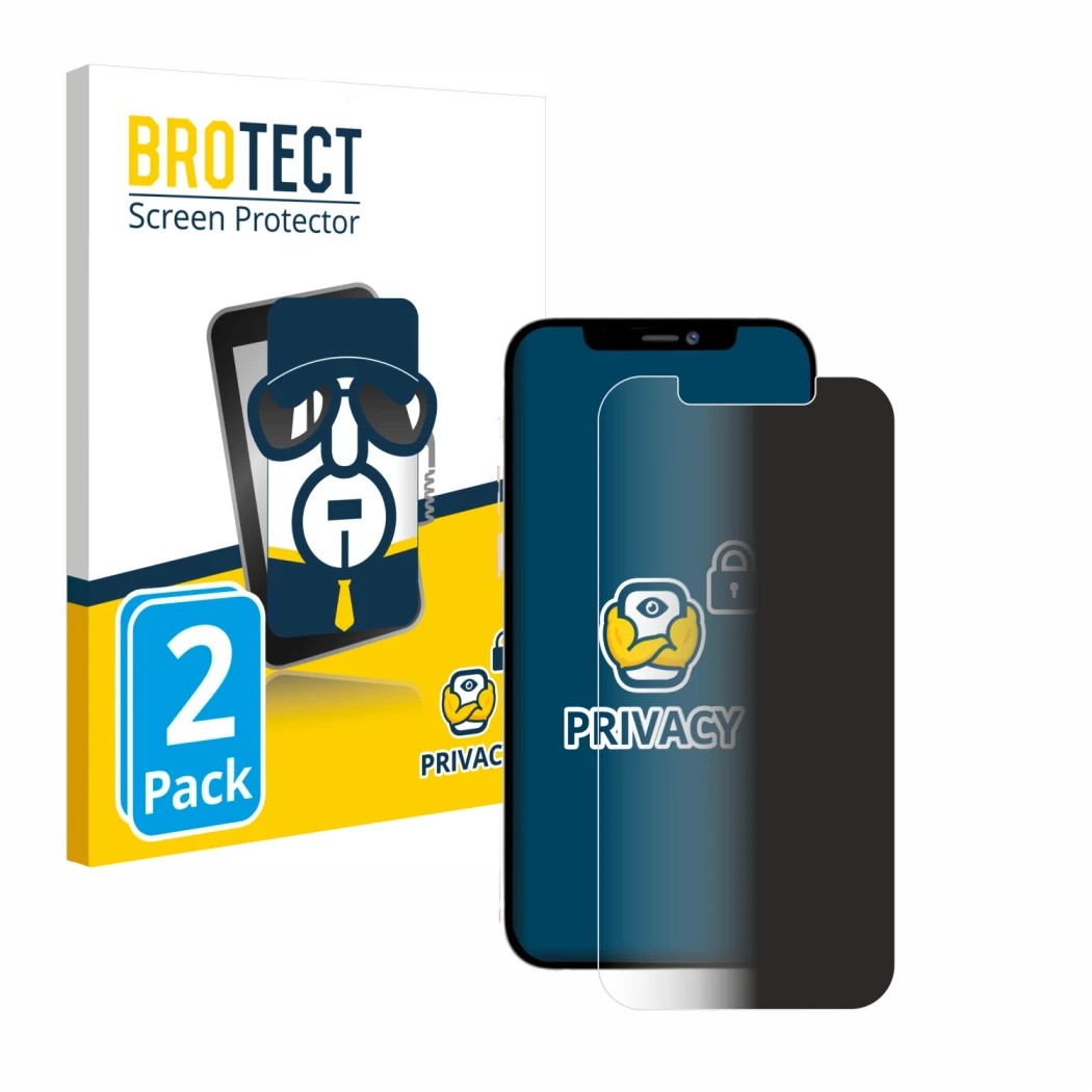 Face avant d’un emballage produit avec le logo de la marque BROTECT. À côté, l’appareil Apple iPhone 12 Pro Max est représenté