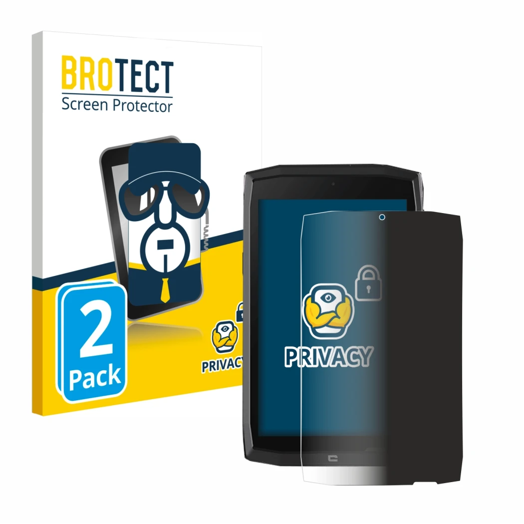 Face avant d’un emballage produit avec le logo de la marque BROTECT. À côté, l’appareil Crosscall Core T4 est représenté avec 