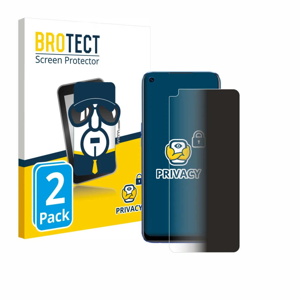 Face avant d’un emballage produit avec le logo de la marque BROTECT. À côté, l’appareil realme 6 est représenté avec la protec