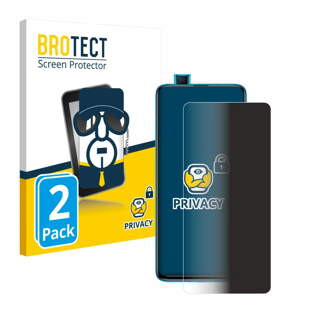 Face avant d’un emballage produit avec le logo de la marque BROTECT. À côté, l’appareil Xiaomi Poco F2 Pro est représenté avec