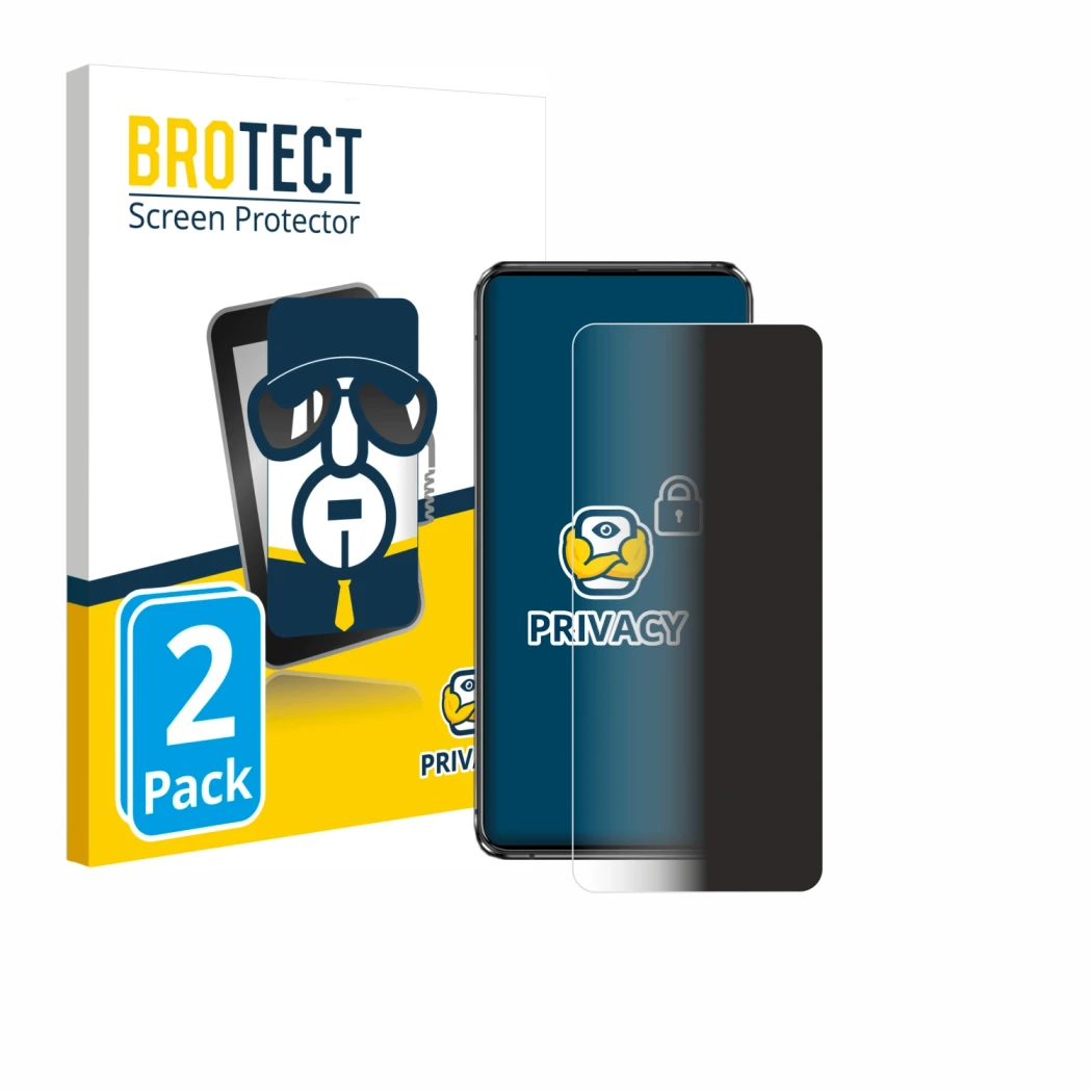 Face avant d’un emballage produit avec le logo de la marque BROTECT. À côté, l’appareil ASUS Zenfone 7 ZS670KS est représenté 