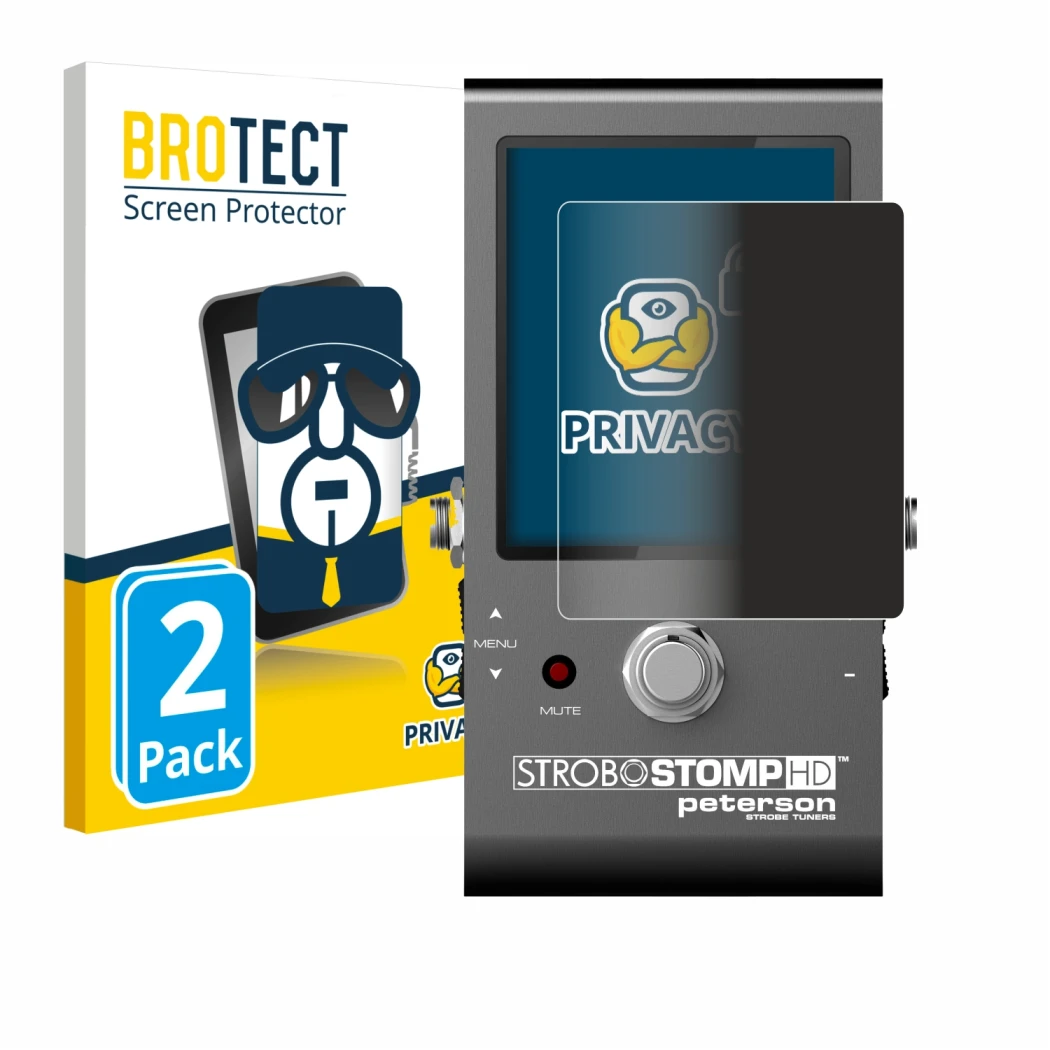 Face avant d’un emballage produit avec le logo de la marque BROTECT. À côté, l’appareil Peterson Strobostomp HD est représenté
