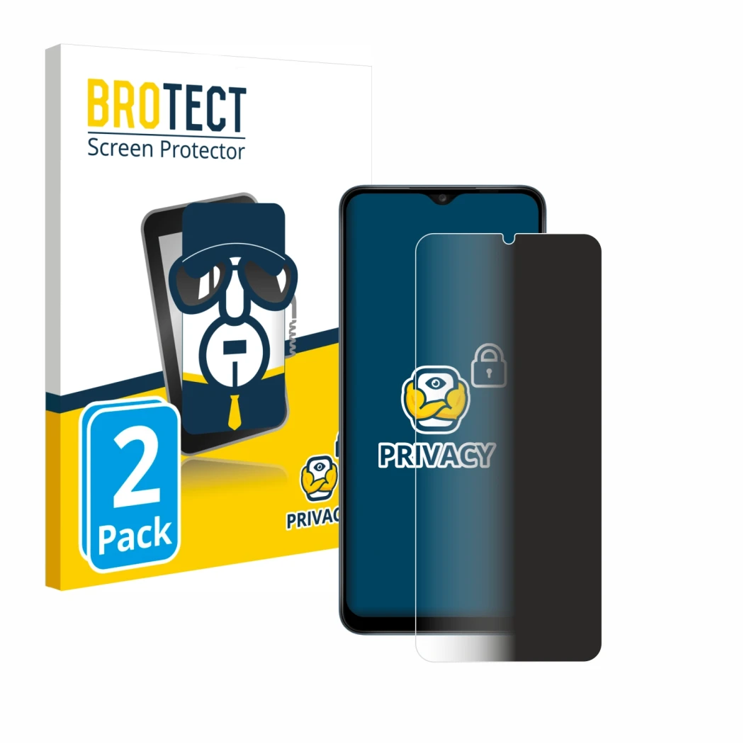 Face avant d’un emballage produit avec le logo de la marque BROTECT. À côté, l’appareil Samsung Galaxy A12 est représenté avec