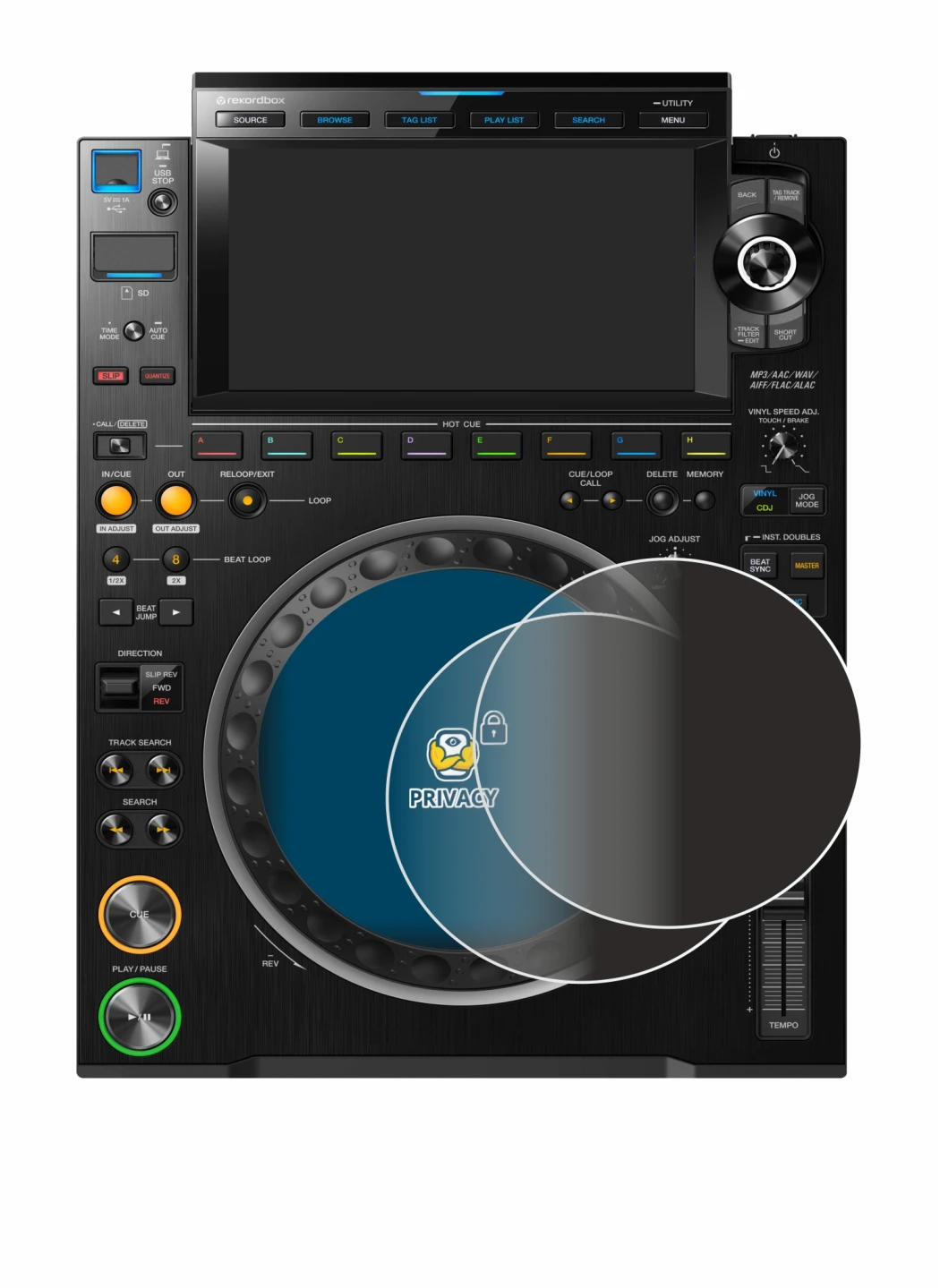 Image de l'appareil Pioneer CDJ 3000 (Cercle) avec une grande variété de protections d'écran.