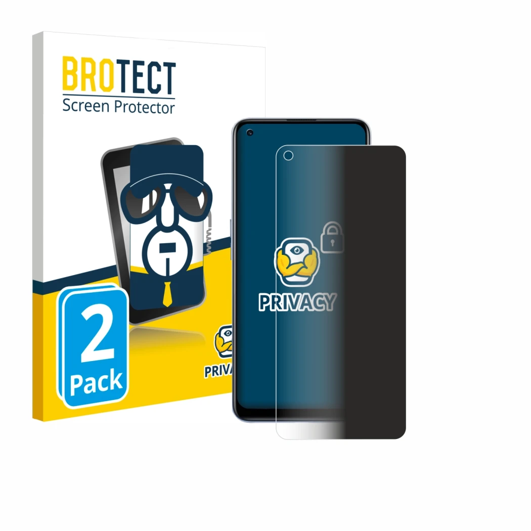 Face avant d’un emballage produit avec le logo de la marque BROTECT. À côté, l’appareil realme Race Pro est représenté avec la