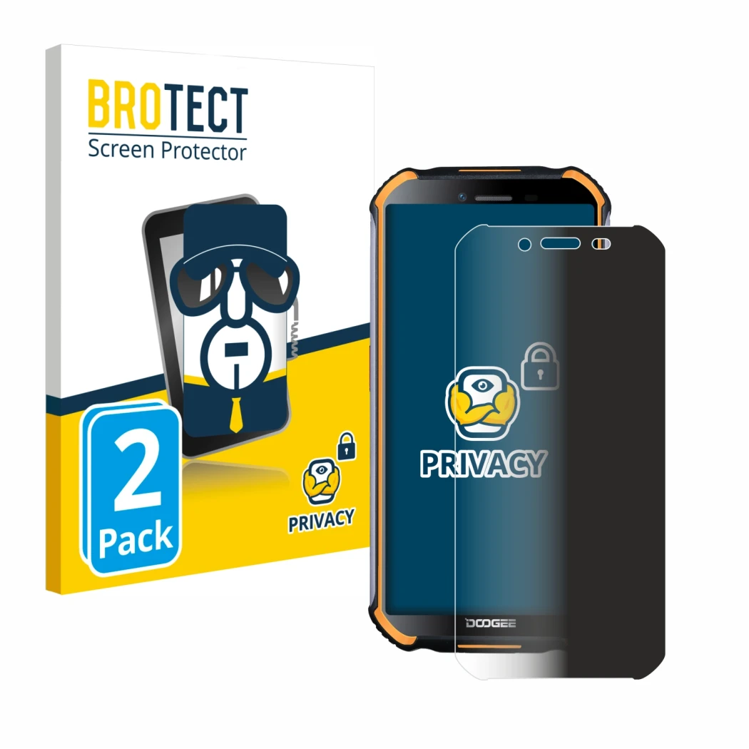 Face avant d’un emballage produit avec le logo de la marque BROTECT. À côté, l’appareil Doogee S40 Pro est représenté avec la 