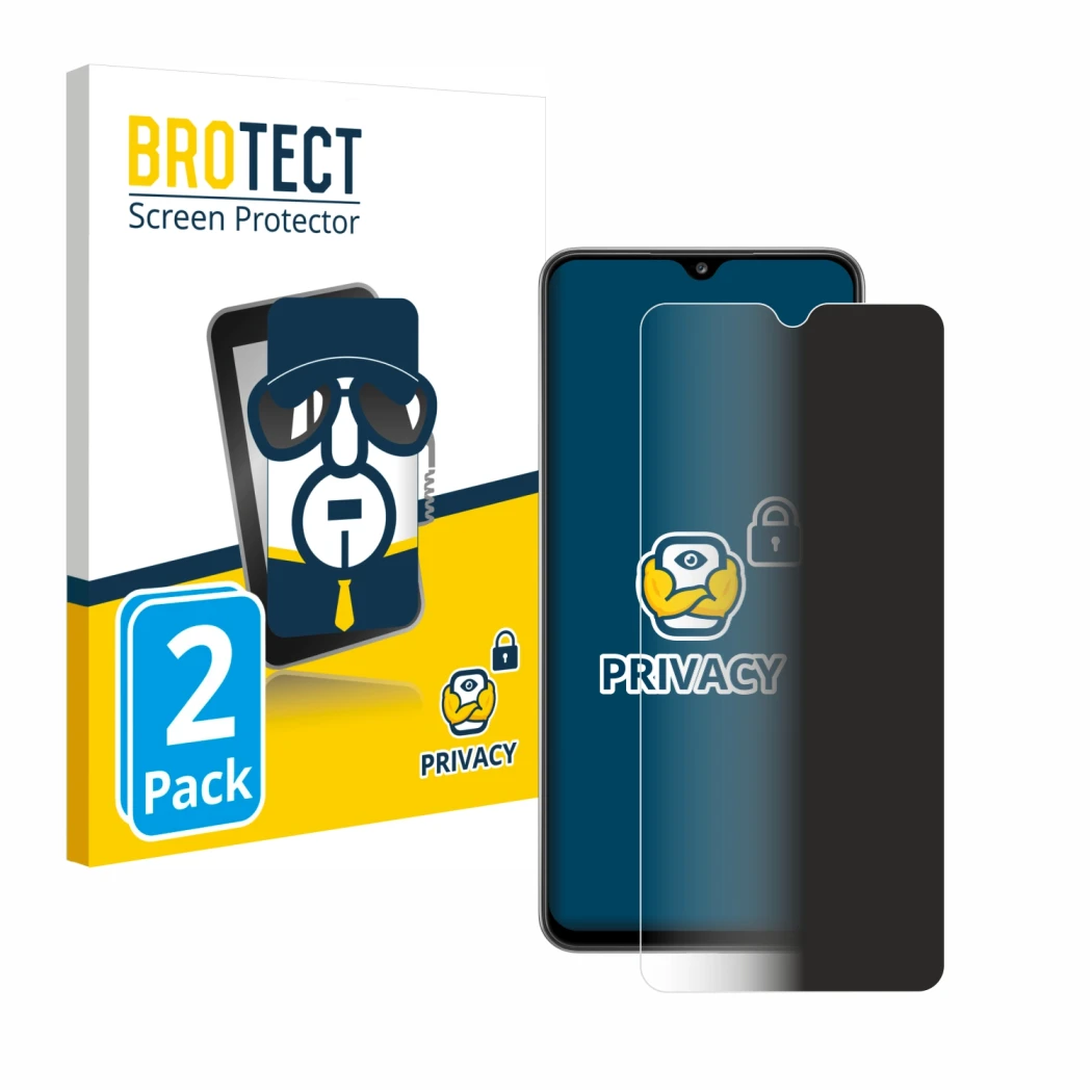 Face avant d’un emballage produit avec le logo de la marque BROTECT. À côté, l’appareil Samsung Galaxy A32 est représenté avec