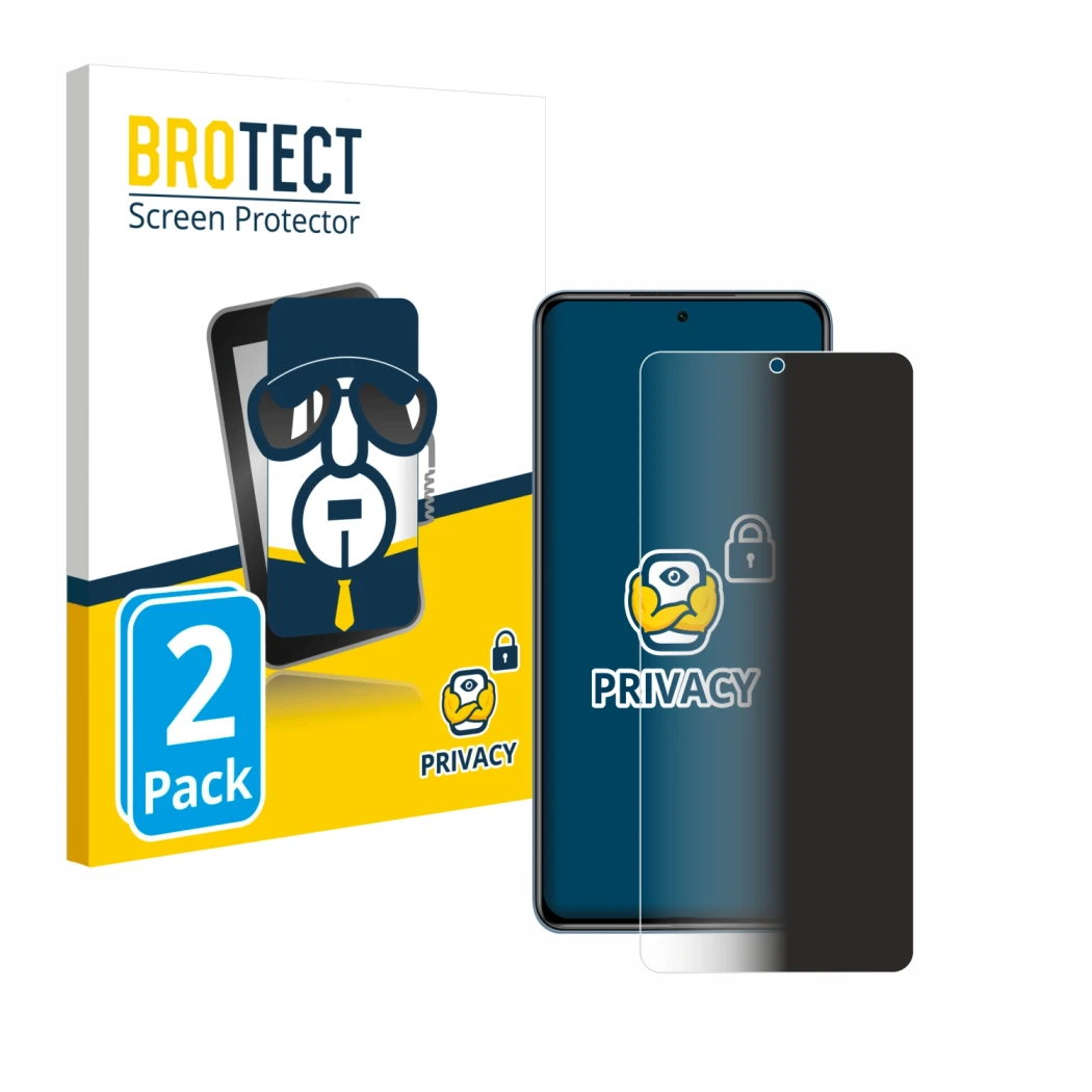 Face avant d’un emballage produit avec le logo de la marque BROTECT. À côté, l’appareil Xiaomi Poco F3 est représenté avec la 