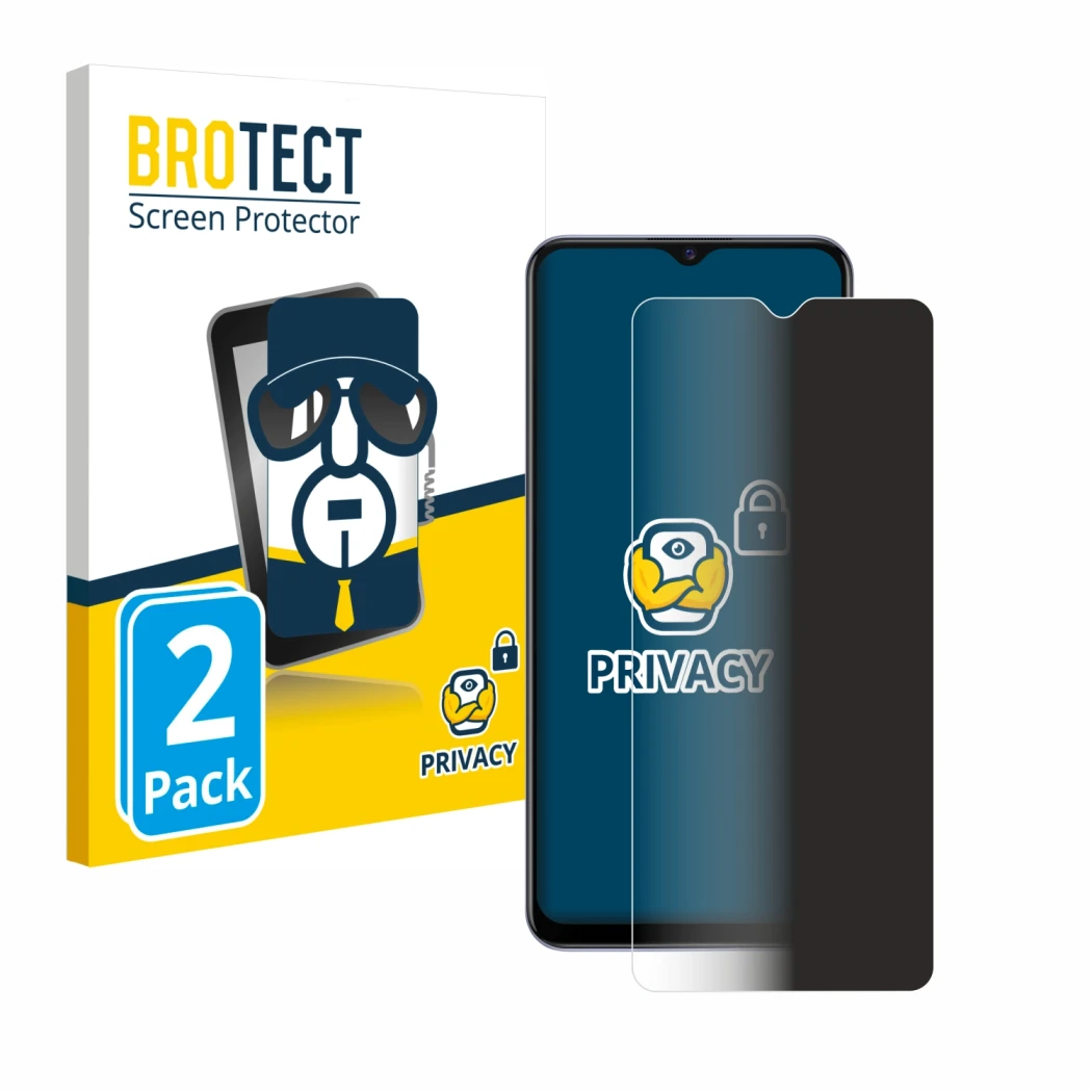 Face avant d’un emballage produit avec le logo de la marque BROTECT. À côté, l’appareil Vivo Y72 5G est représenté avec la pro