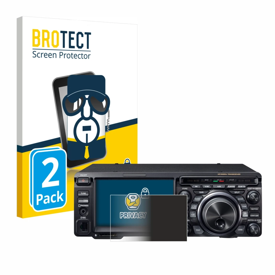 Face avant d’un emballage produit avec le logo de la marque BROTECT. À côté, l’appareil Yaesu FT-DX10 est représenté avec la p