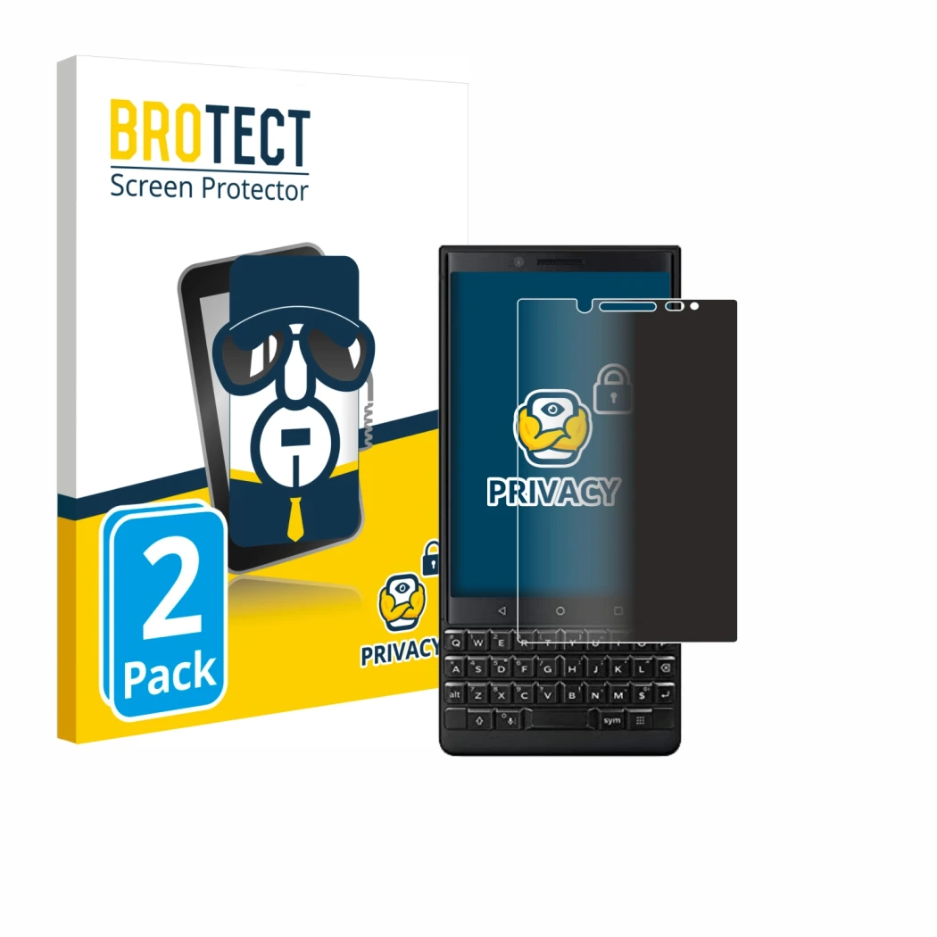 Face avant d’un emballage produit avec le logo de la marque BROTECT. À côté, l’appareil BlackBerry Key2 (Dual Sim) est représe