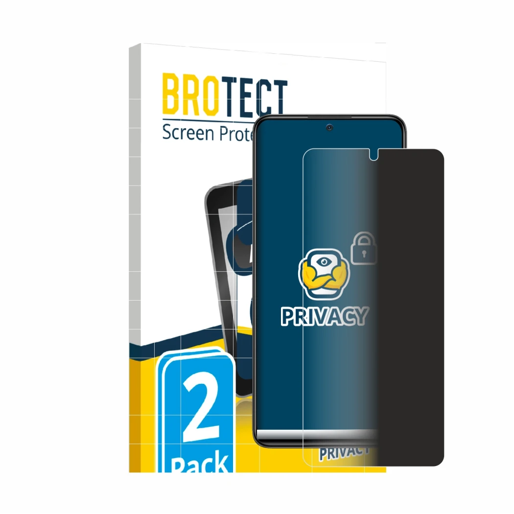 Face avant d’un emballage produit avec le logo de la marque BROTECT. À côté, l’appareil Xiaomi Redmi Note 11 Pro est représent