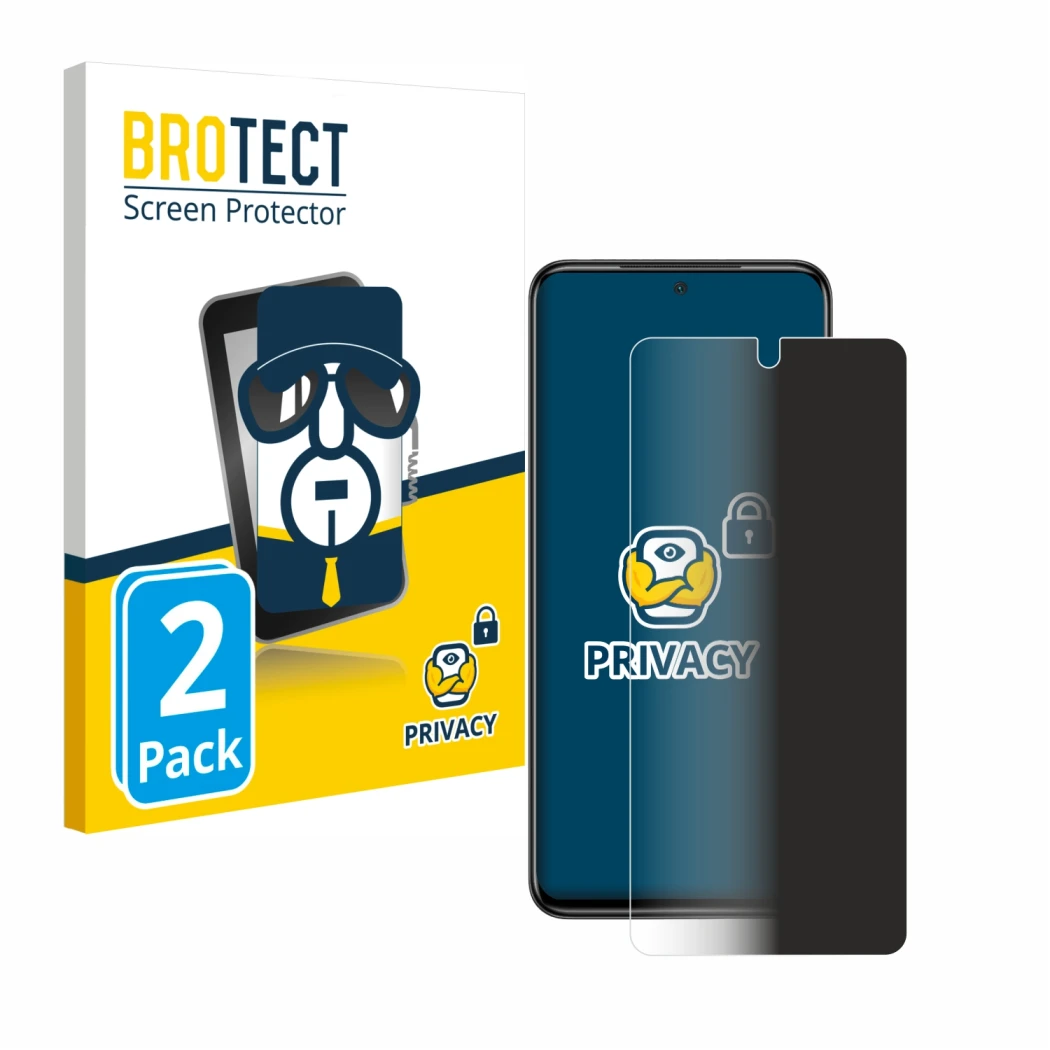 Face avant d’un emballage produit avec le logo de la marque BROTECT. À côté, l’appareil Xiaomi Poco M4 Pro est représenté avec