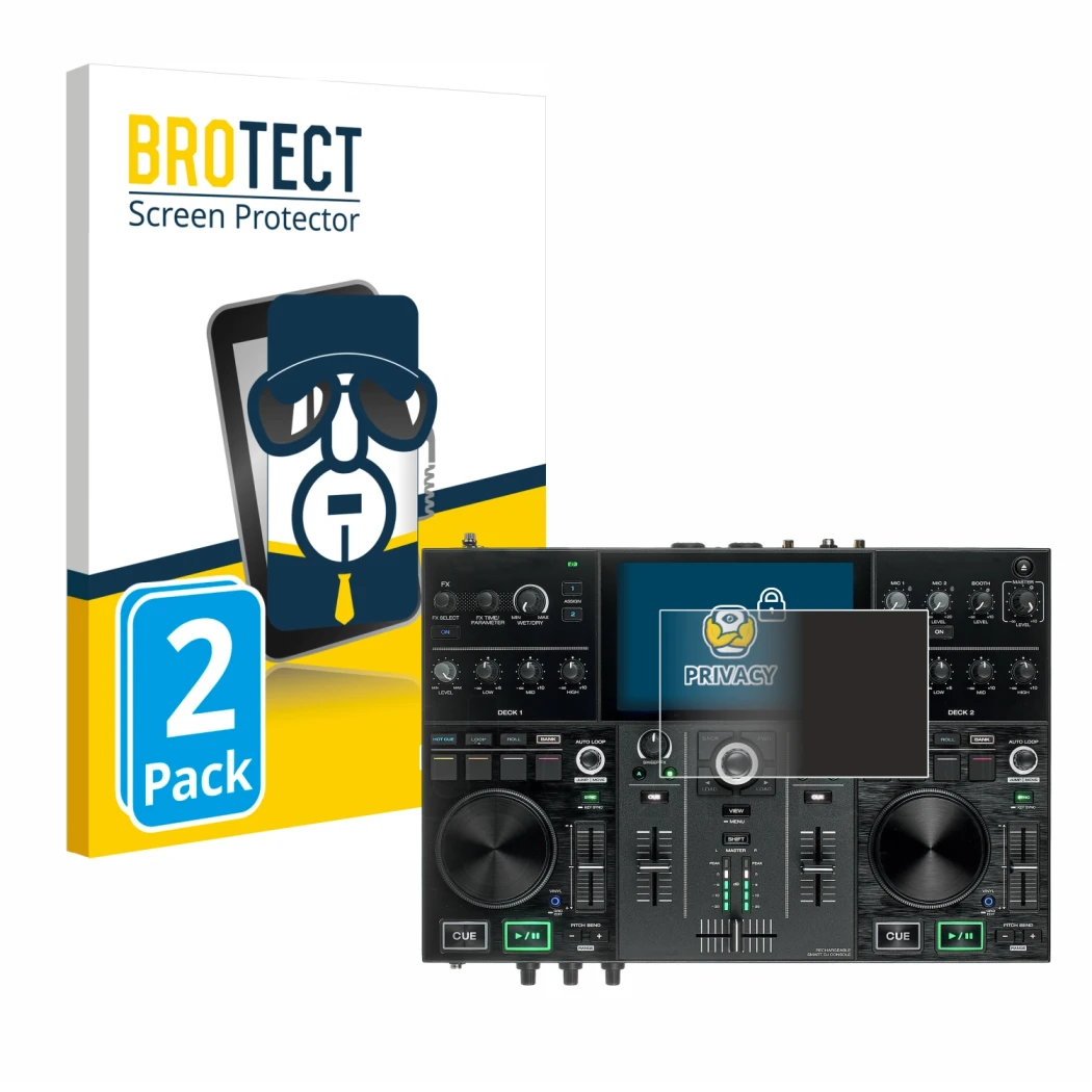 Face avant d’un emballage produit avec le logo de la marque BROTECT. À côté, l’appareil Denon DJ Prime Go est représenté avec 