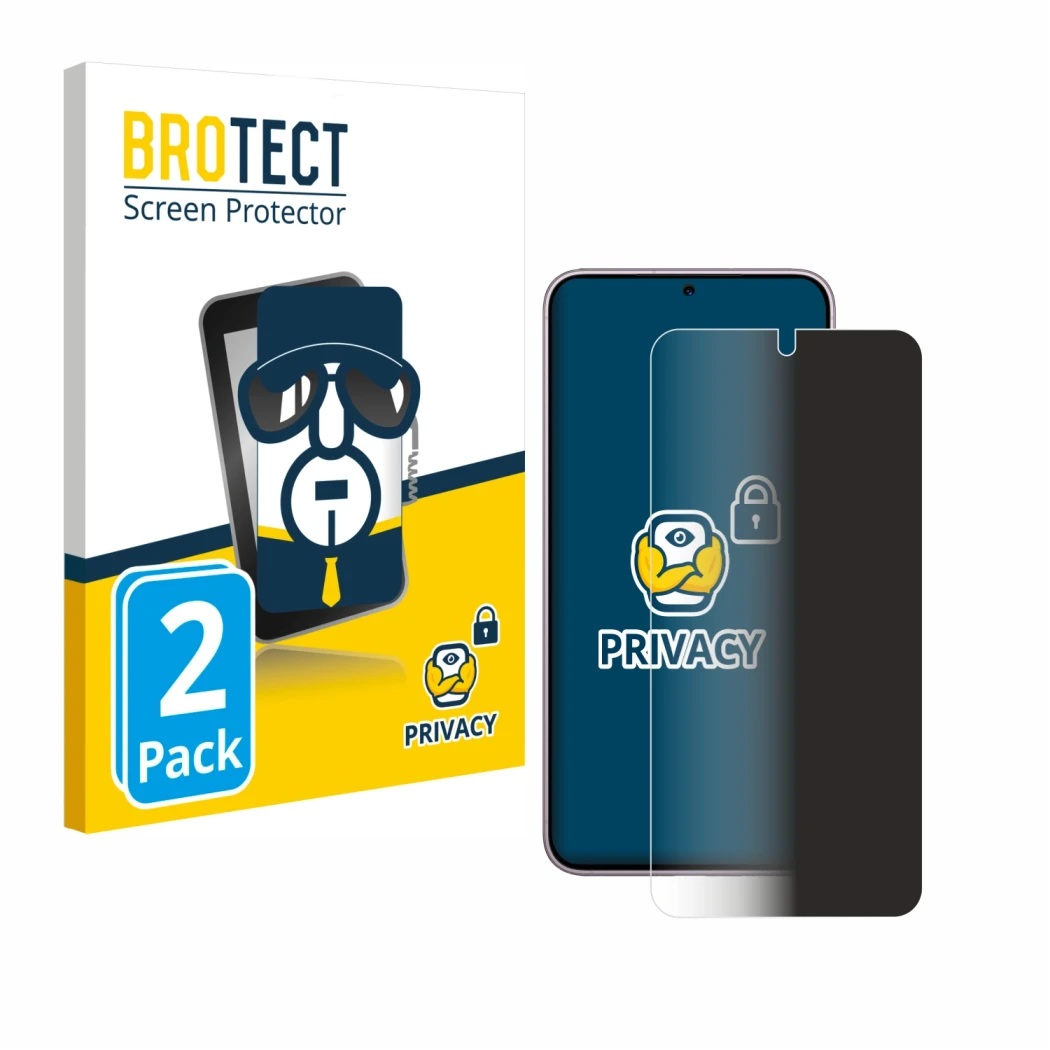 Face avant d’un emballage produit avec le logo de la marque BROTECT. À côté, l’appareil Samsung Galaxy S23 est représenté avec