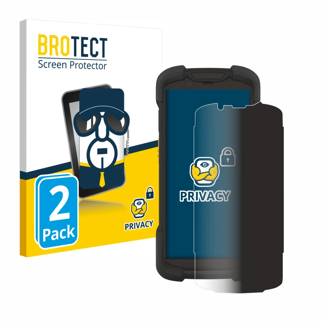 Face avant d’un emballage produit avec le logo de la marque BROTECT. À côté, l’appareil Zebra TC73 est représenté avec la prot