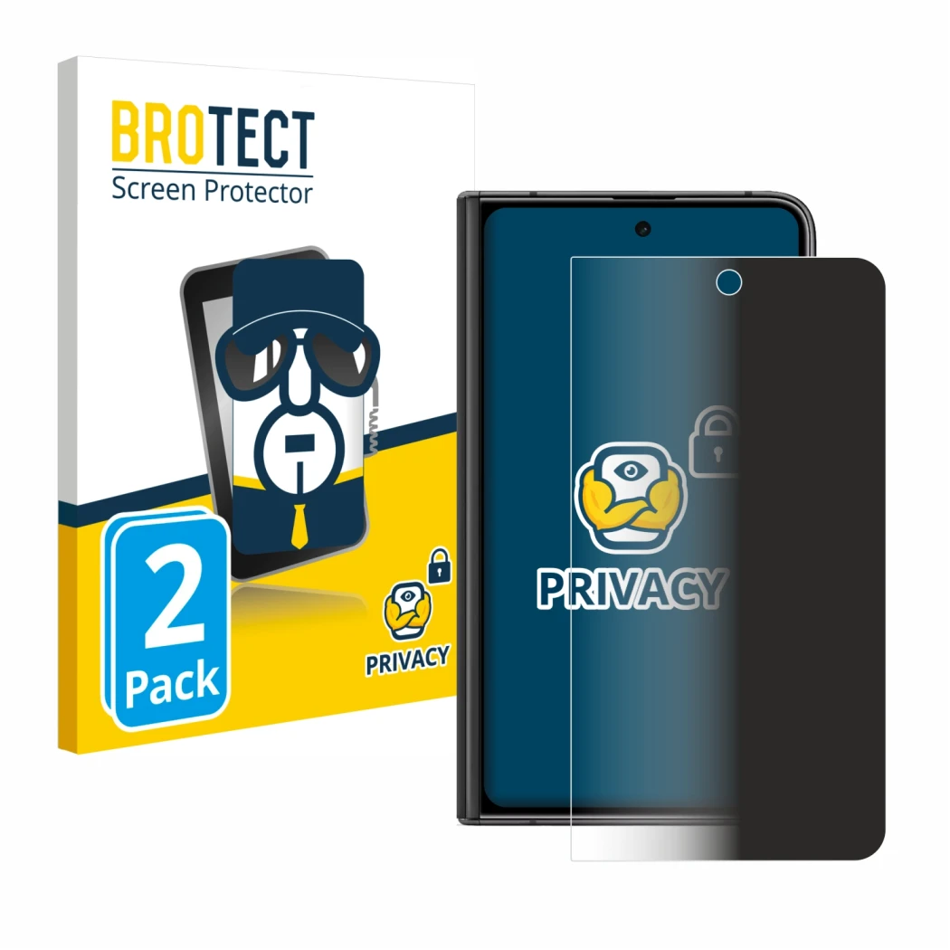 Face avant d’un emballage produit avec le logo de la marque BROTECT. À côté, l’appareil Google Pixel Fold (Affichage externe) 