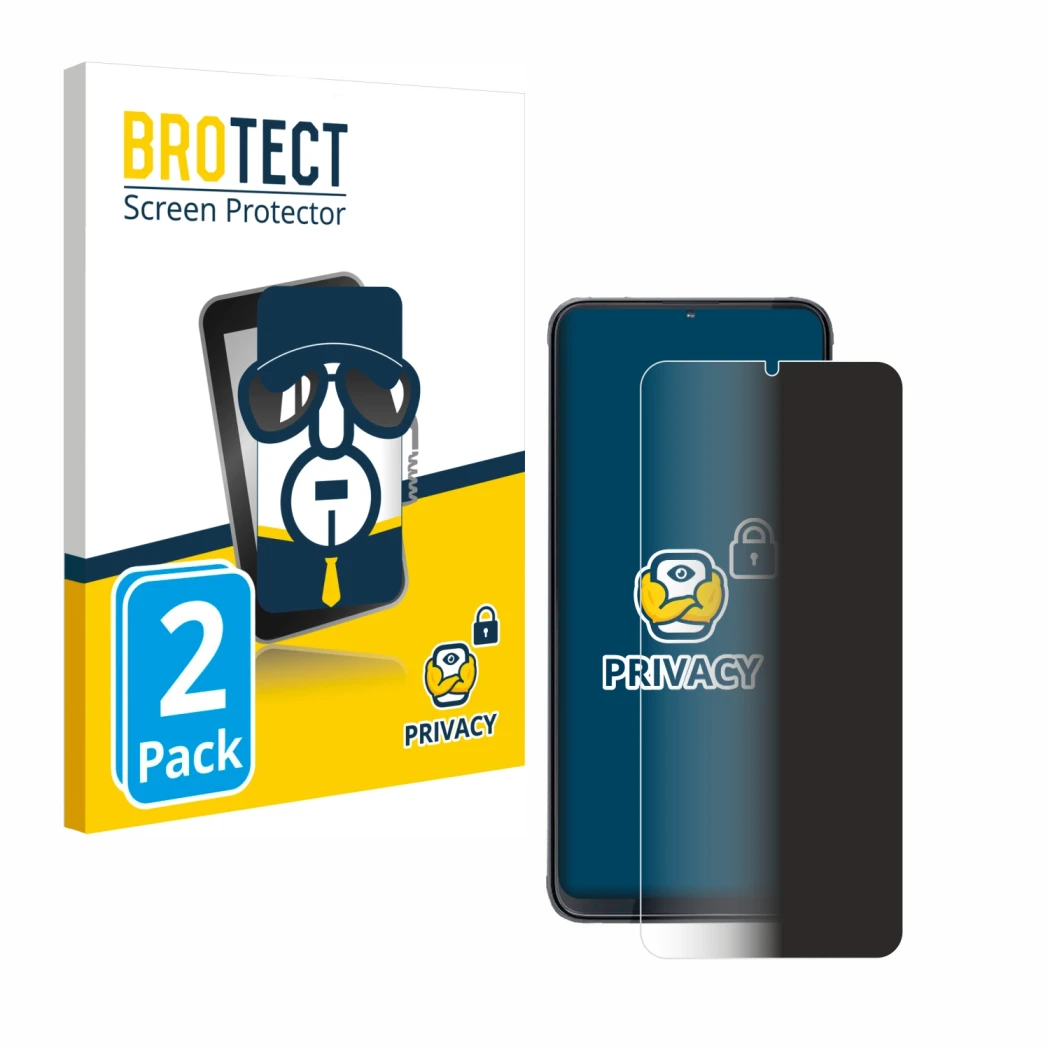 Face avant d’un emballage produit avec le logo de la marque BROTECT. À côté, l’appareil Cubot X70 est représenté avec la prote