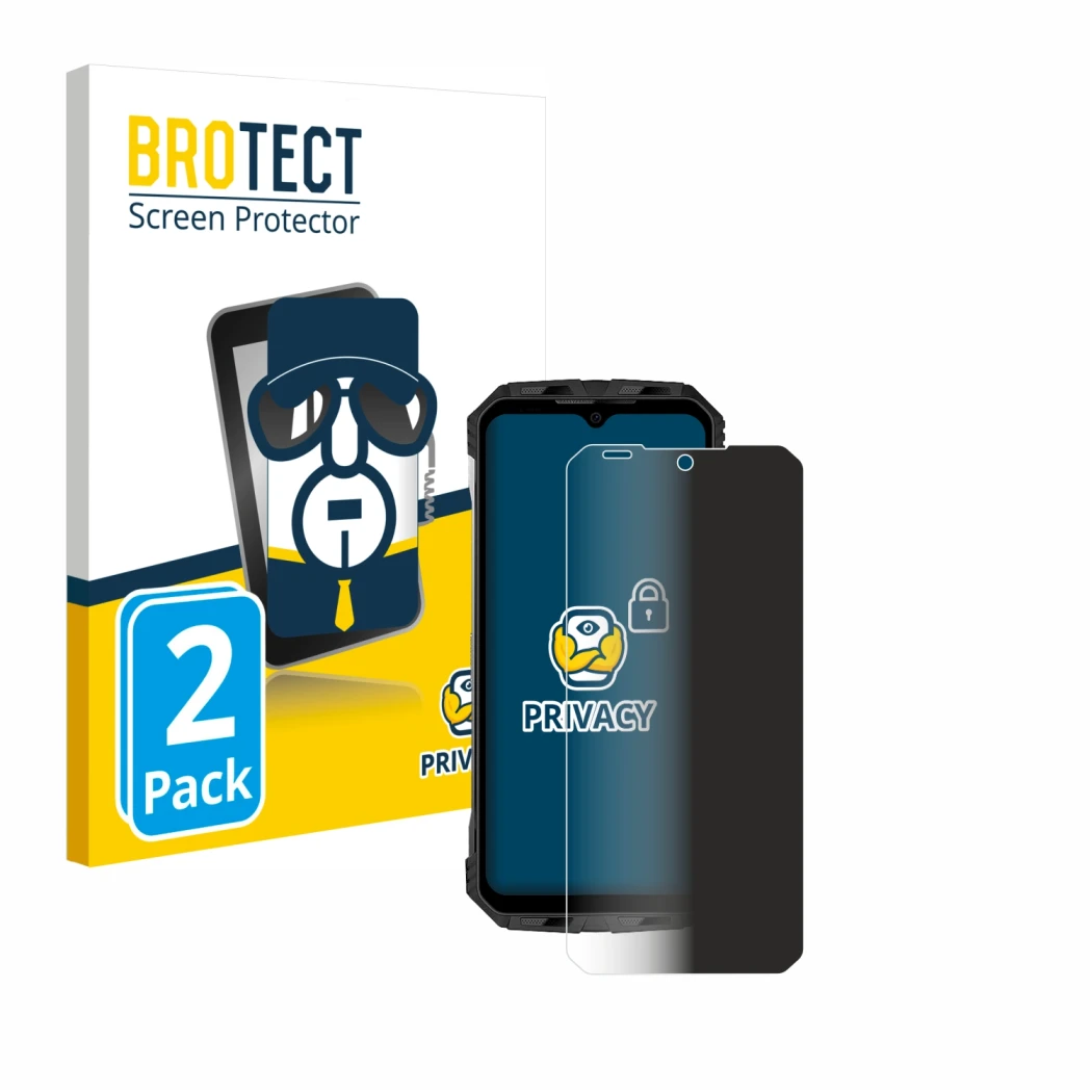 Face avant d’un emballage produit avec le logo de la marque BROTECT. À côté, l’appareil Doogee S110 est représenté avec la pro