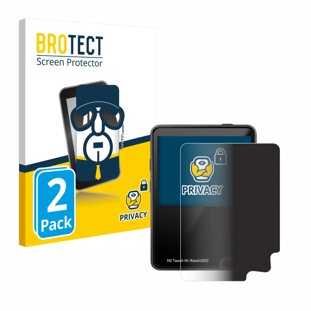 Face avant d’un emballage produit avec le logo de la marque BROTECT. À côté, l’appareil HifiWalker H2 touch est représenté ave