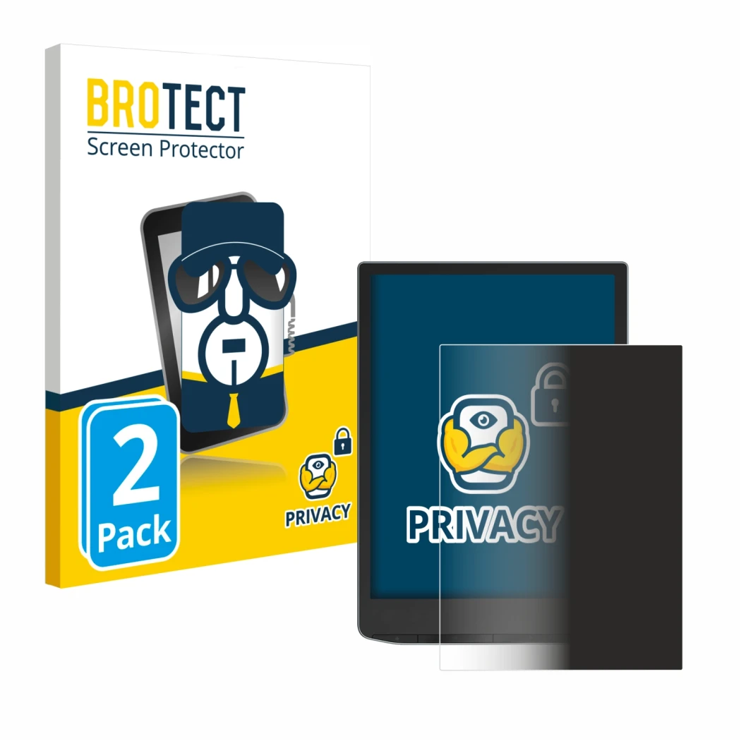 Face avant d’un emballage produit avec le logo de la marque BROTECT. À côté, l’appareil PocketBook InkPad Color 3 est représen