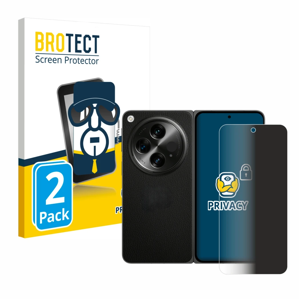 Face avant d’un emballage produit avec le logo de la marque BROTECT. À côté, l’appareil OnePlus Open est représenté avec la pr