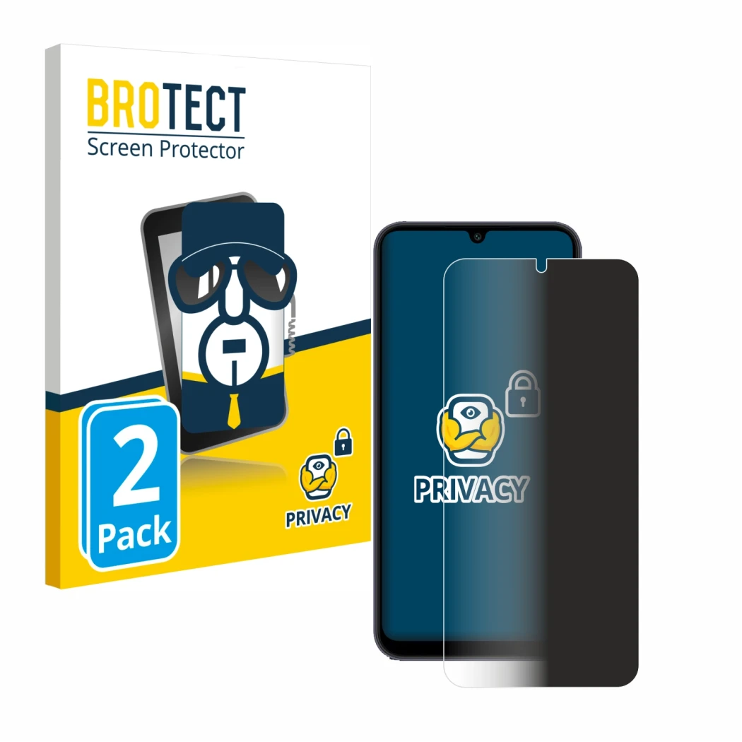 Face avant d’un emballage produit avec le logo de la marque BROTECT. À côté, l’appareil Samsung Galaxy A25 5G est représenté a