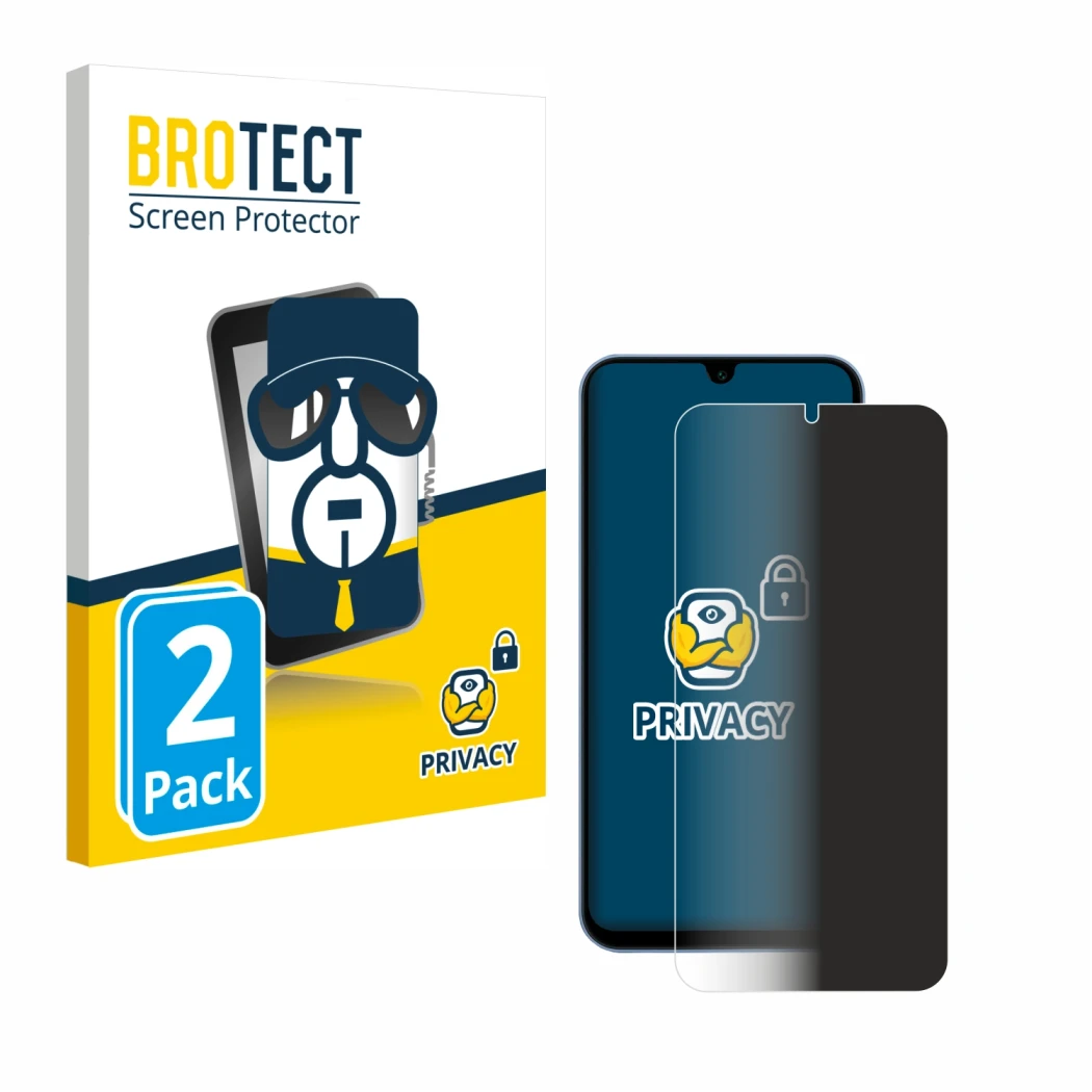 Face avant d’un emballage produit avec le logo de la marque BROTECT. À côté, l’appareil Samsung Galaxy A15 est représenté avec