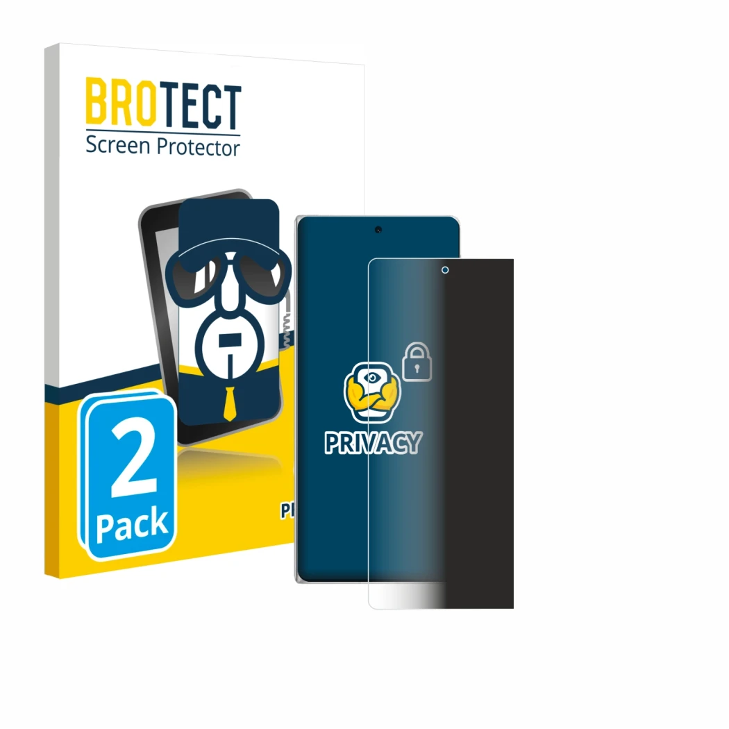 Face avant d’un emballage produit avec le logo de la marque BROTECT. À côté, l’appareil Vivo X Fold3 est représenté avec la pr