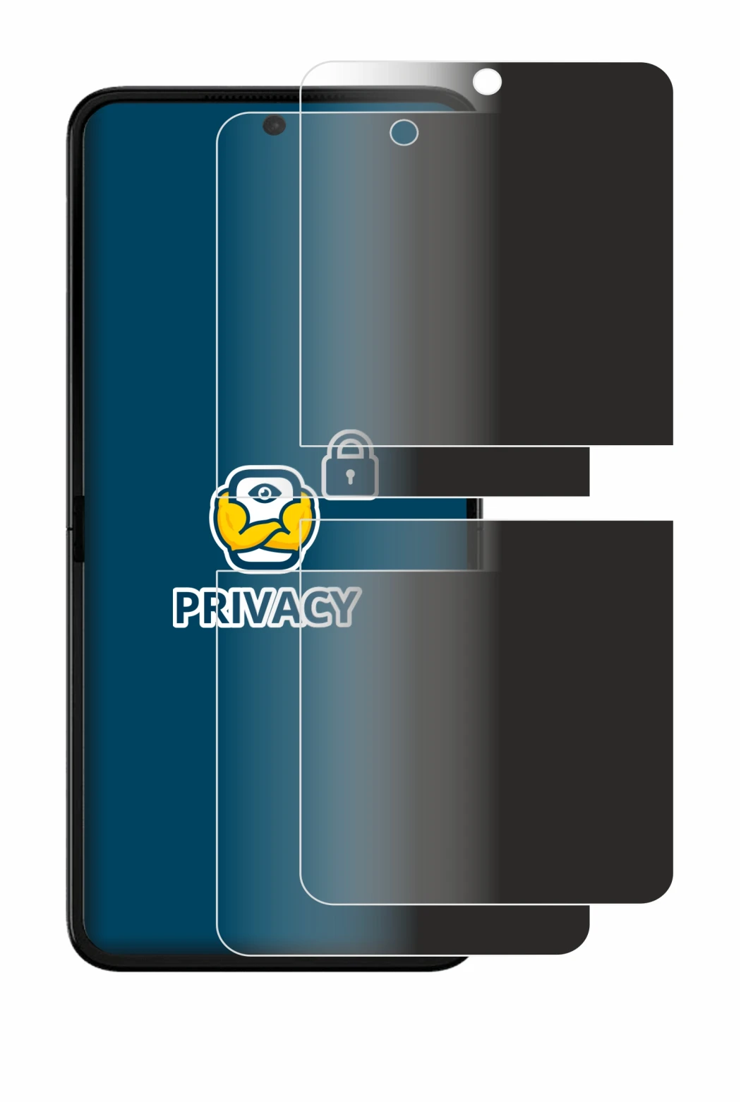 Image de l'appareil Motorola Razr 50 Ultra avec une grande variété de protections d'écran.