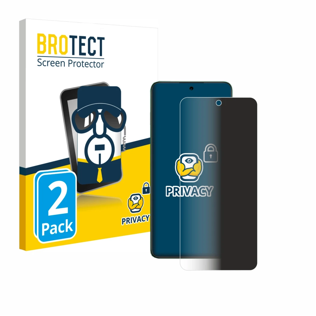 Face avant d’un emballage produit avec le logo de la marque BROTECT. À côté, l’appareil Oppo Reno 12 F 5G est représenté avec 