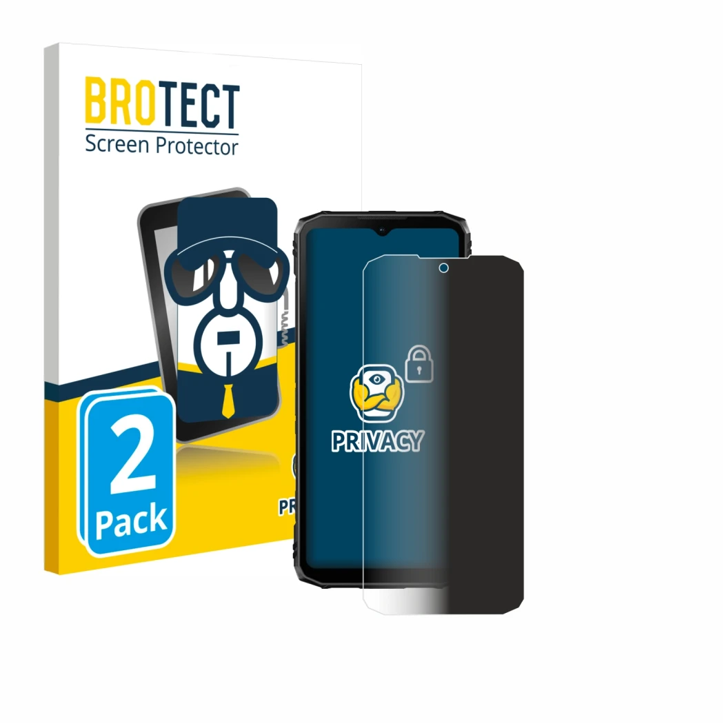 Face avant d’un emballage produit avec le logo de la marque BROTECT. À côté, l’appareil Doogee Blade 10 Pro est représenté ave