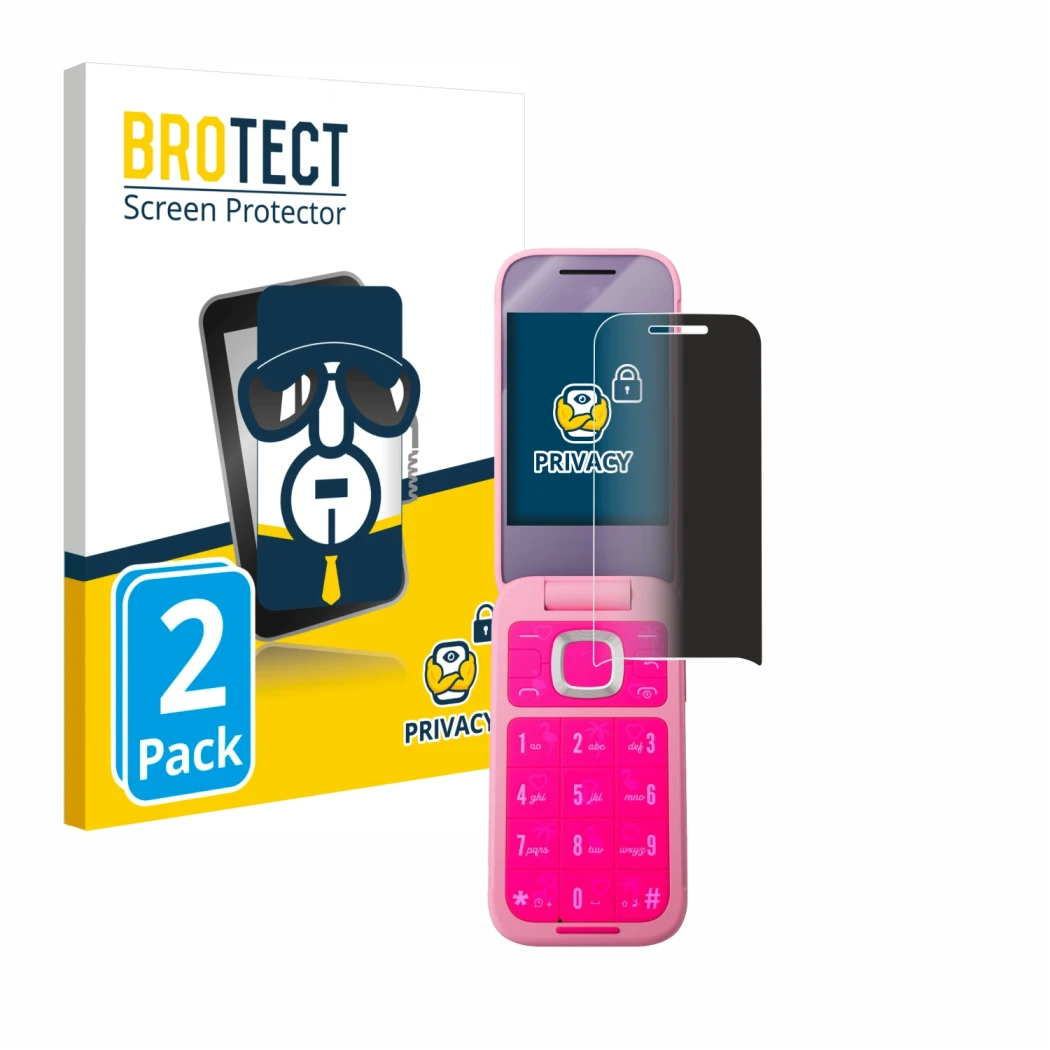Face avant d’un emballage produit avec le logo de la marque BROTECT. À côté, l’appareil HMD Barbie Phone est représenté avec l