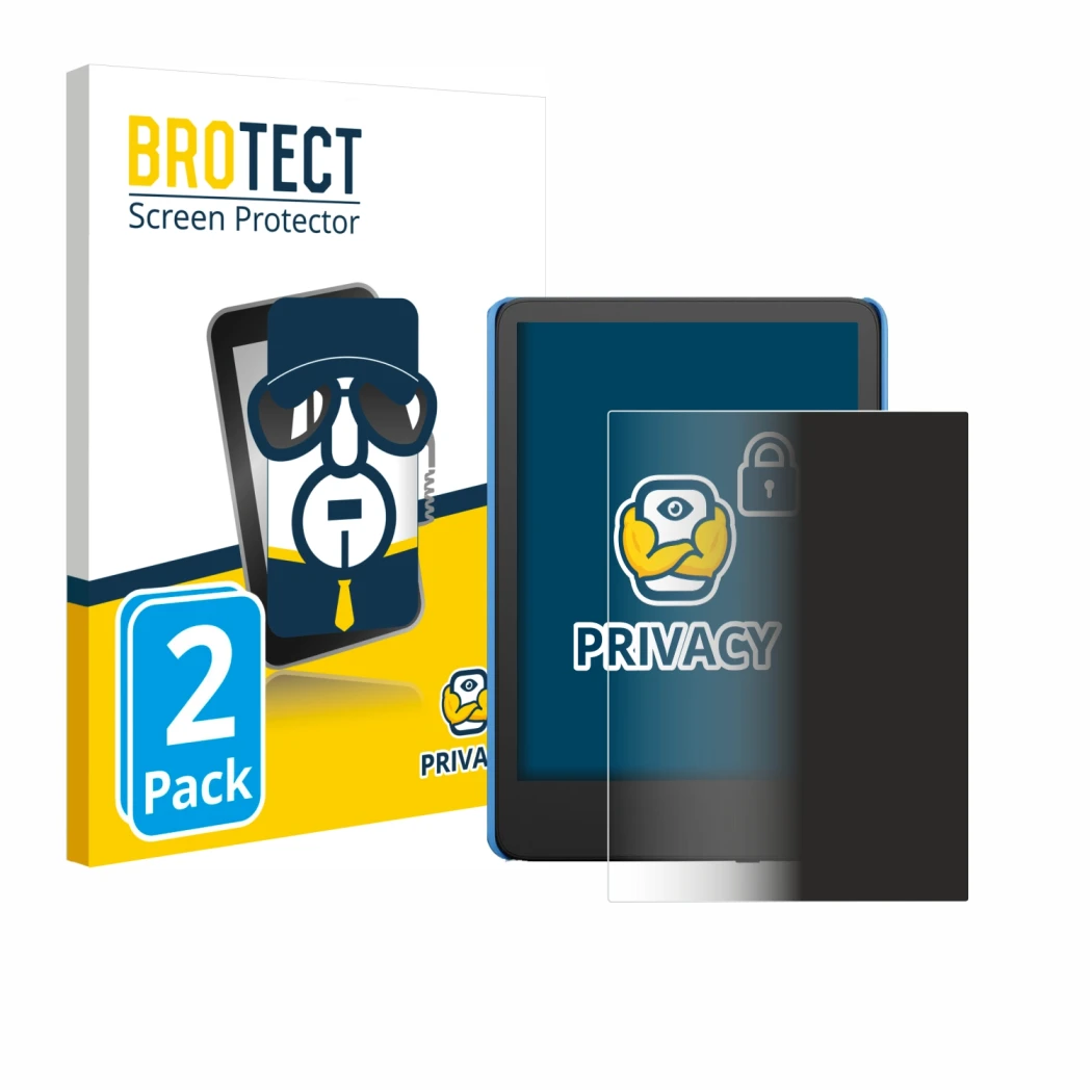 Face avant d’un emballage produit avec le logo de la marque BROTECT. À côté, l’appareil Amazon Kindle Kids (2024) est représen