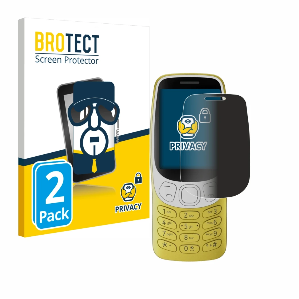 Face avant d’un emballage produit avec le logo de la marque BROTECT. À côté, l’appareil Nokia 3210 est représenté avec la prot