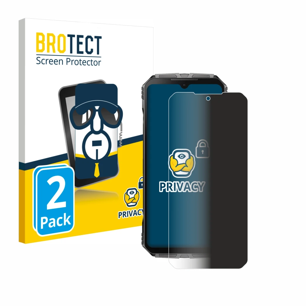 Face avant d’un emballage produit avec le logo de la marque BROTECT. À côté, l’appareil Doogee S Cyber est représenté avec la 