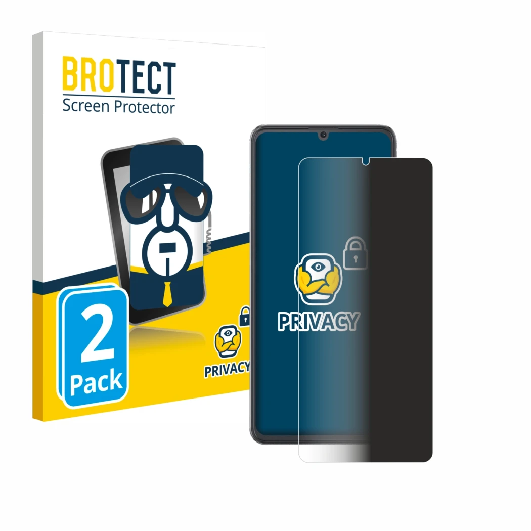 Face avant d’un emballage produit avec le logo de la marque BROTECT. À côté, l’appareil Cubot A20 est représenté avec la prote